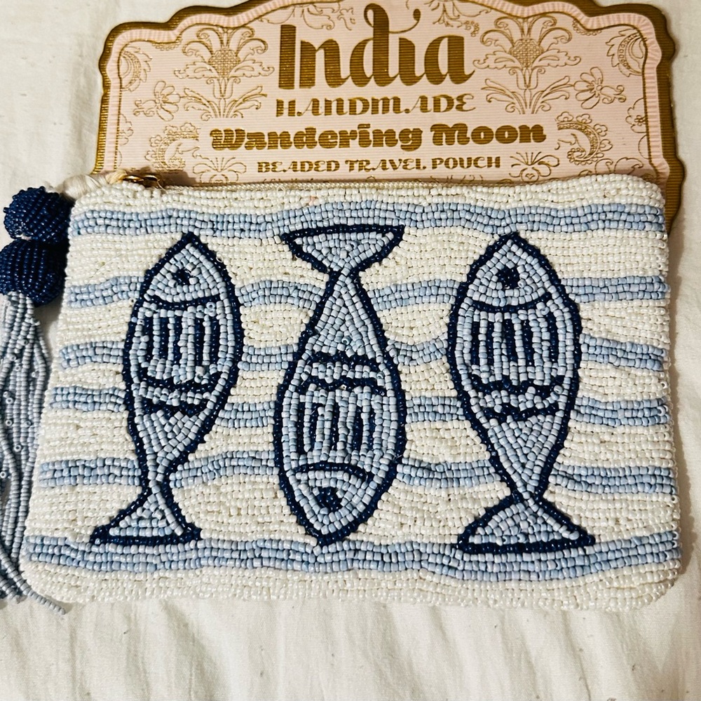 Adorable Blue and White Hand Beaded Pouch with Sardine/Fish Design